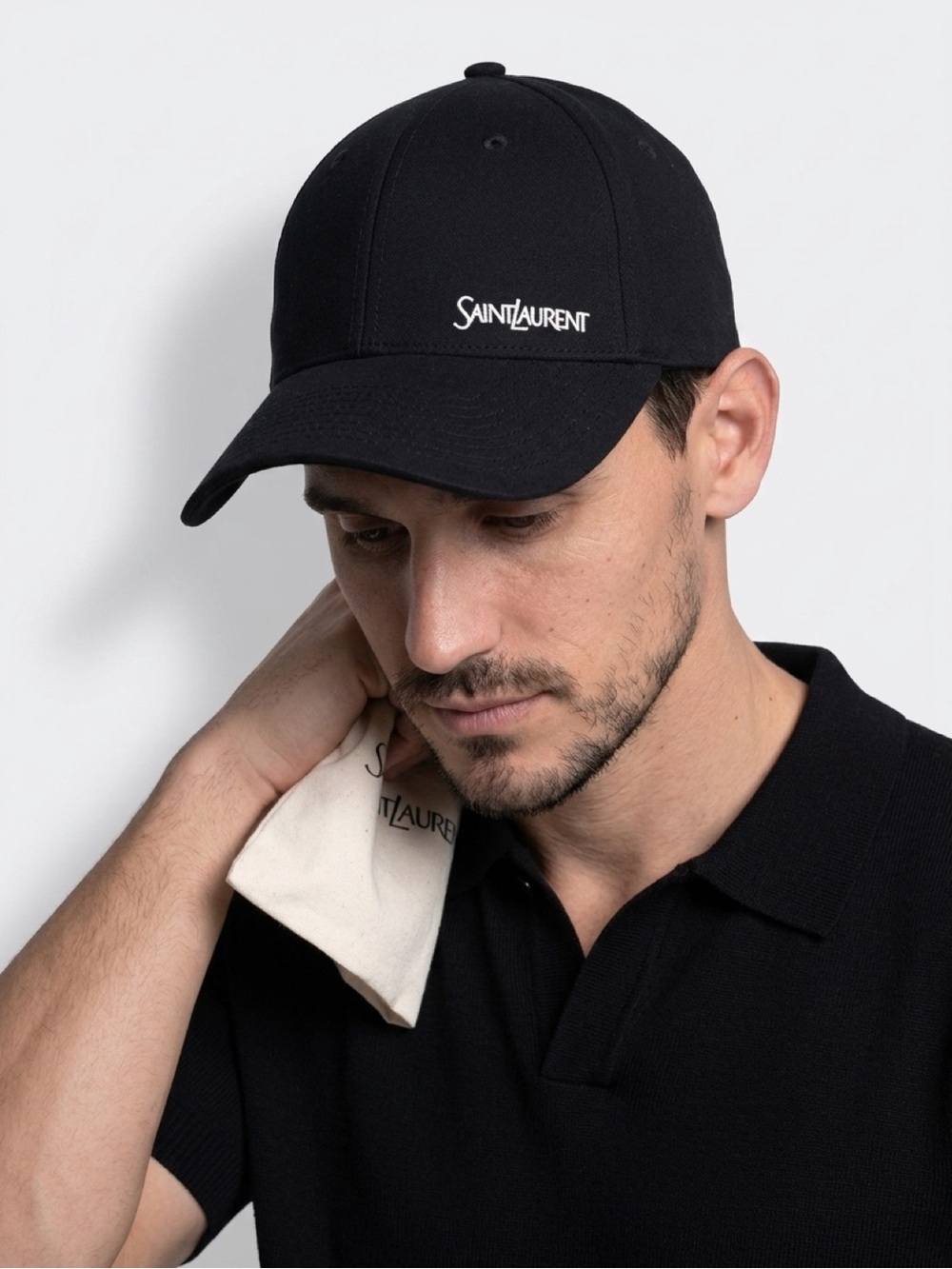 Saint Laurent Black Cap with White Logo Embroidery